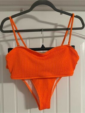 Orange Textured High-Cut Bikini Set - Women